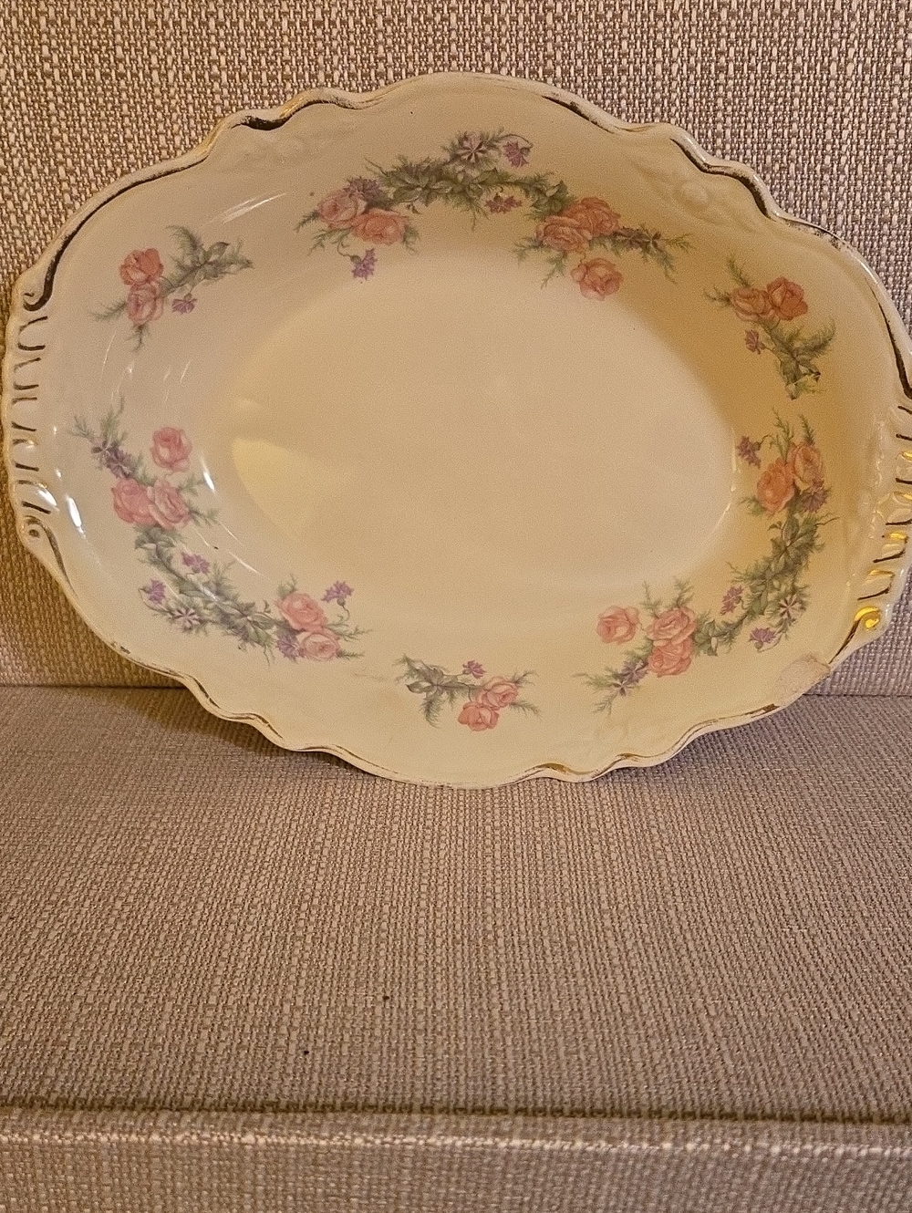Homer Laughlin Cream Serving Bowl with Pink Rose Garland and Gold Trim